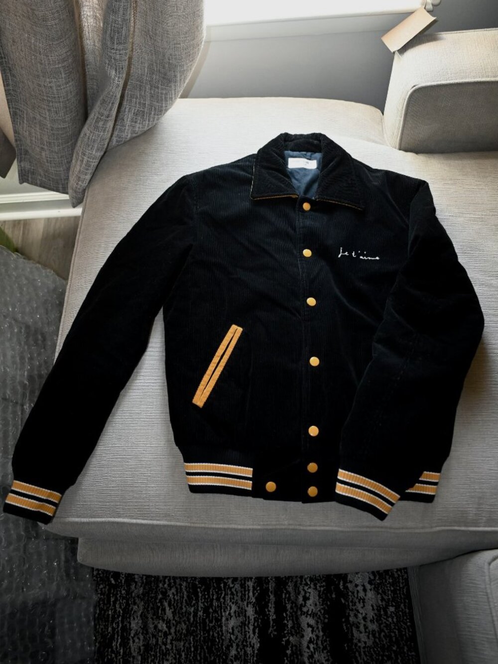 Black & Yellow Saint Laurent (YSL) Suede Teddy Varsity Jacket (IT 46 US)